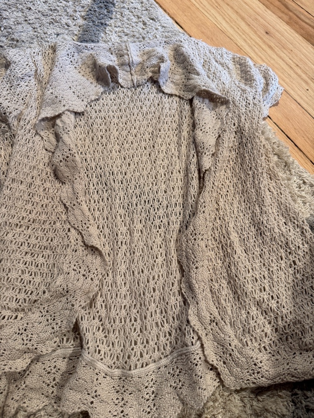 Ruffled Open-Knit Cardigan Sweater in Light Taupe